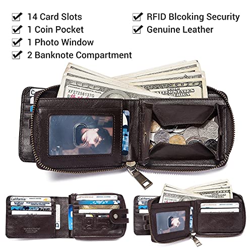 gzcz Zipper Wallet For Men Genuine Leather RFID Blocking Bifold Wallet for ID Window, Zip Coin Pocket and Credit Card Holders Large Capacity (Coffee)3