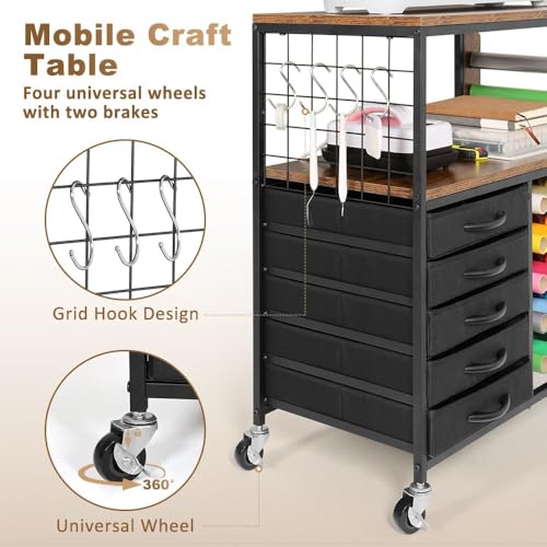 Image of LUCKUP Organization and Storage Craft Table for Cricut Machines, Rolling Cart Cabinet with 28 Vinyl Roll Holders and 5 Drawers, Heat Press Stand Crafting Storage Cart with Hooks, Black (Black)