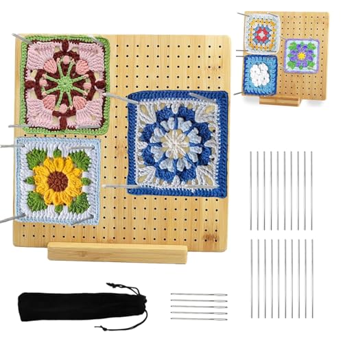 Planche de Blocage du Crochet - Planche de Blocage pour Granny Square 28x28 cm - Bambou Granny Square avec 20 Tiges, 5 Aiguilles en Inox et 1 Support -...