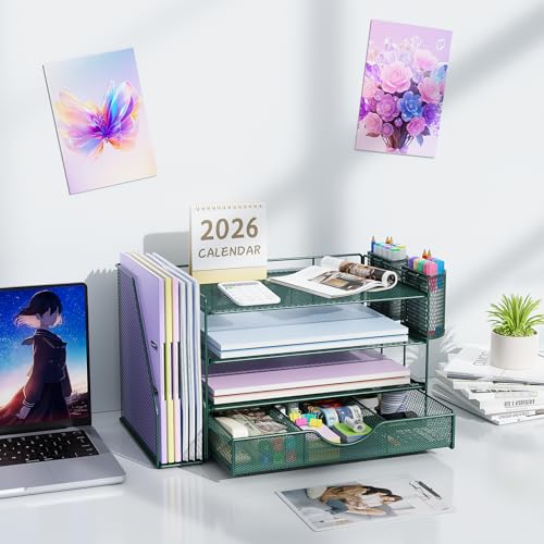 Image of gianotter 4-Tier Desk Organizer with Drawers, File Holders, Letter Trays and Pen Holders - Workspace Accessories for Office Supplies (Green)