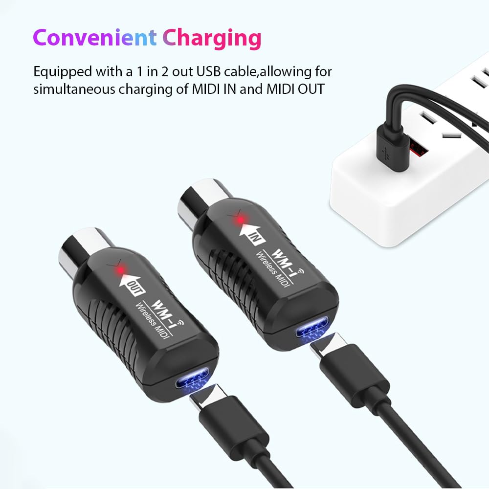 Adaptateur MIDI sans fil rechargeable, émetteur-récepteur audio 2,4 GHz, ultra faible latence, connecteur MIDI silencieux intégré pour instruments à vent, guitare, piano numérique, clavier