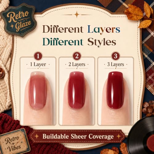 Image of Beetles Jelly Gel Nail Polish Set, Retro Glaze 6 Colors Fall Gel Polish | 9ML Amber Brown Blue Teal Burgundy Red Orange Sheer Gel Polish Kit with DIY Color Card Nail Charms Buttons Glitter for UV