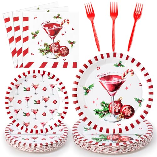 Christmas Cocktail Xmas Martini Cocktail Candy Cane Party Plate Supplies - Serves 24-96Pcs Party Tableware Decoration Disposable Paper Plate Napkin Fork for Winter Holiday Birthday