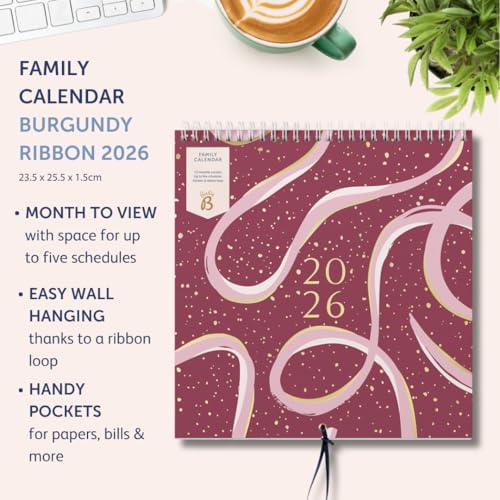 Busy B 2026 Wall Calendar - Family Calendar, Burgundy Ribbon Design with 5 Columns & Storage Pockets - Monthly 2026 Calendar for Busy Families with Colour-Coded Stickers - 23.5 x 25.5cm