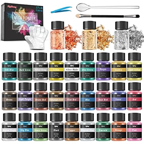 Mica Powder - 30 Pearlescent Epoxy Resin Color Pigment Set- Natural Cosmetic Grade Pigment for Soap Dye, Lip Gloss, Nail Polish, Makeup, Epoxy Resin, Candle Making, Bath Bombs, Slime, 5g/0.18oz Cover