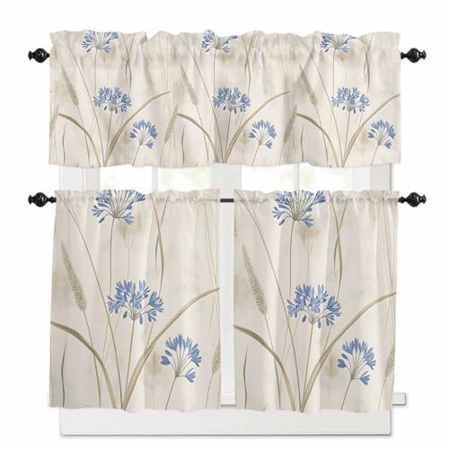 Blue Floral Botanical Spring Kitchen Curtains 36 Inch Length, 3 Piece Rod Pocket Small Half Tiers and Valance Set, Farmhouse Beige Flowers Small Large Window Treatment Decor for Bedroom/Bathroom Sink