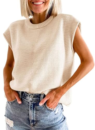 Womens Summer Sweater Vest Cap Sleeve Crew Neck Casual Loose Fit Knit Lightweight Pullover Tank Top for Spring Summer