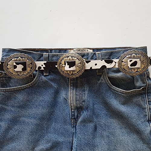 Western Concho Style Belt w. genuine cow print hair leather belt Black/White L2