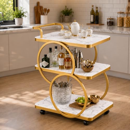 Image of End Table Bar Table 3-Tier Metal Serving Table with Wheels Gold Elegant Home and Restaurant Mobile Cart for Effortless Food Serving Coffee Table for Living Room (Golden White)