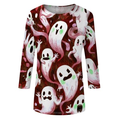 Image of Women Spooky Halloween Graphic Shirt 3 /4 Length Sleeve Crewneck Top | Halloween Funny Printed Pumpkin Plus Size Tshirts 2026 Fall Outfits Skeleton Tee Going Out Tops