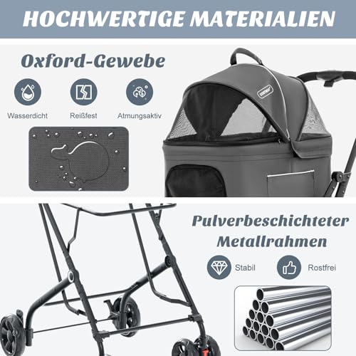COSTWAY 3 in 1 Hundewagen, Hundebuggy 2 Etagen mit Netzfenstern & Taschen & Polstern, Oxford & Metall, Haustiere Buggy bis 16 kg, Hundebox Transporttasche klappbar, für Hunde Katzen Haustiere, Grau