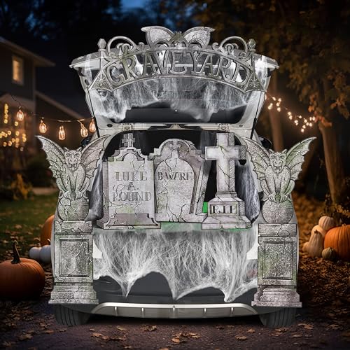 Image of JOYIN Halloween Tombstone Trunk or Treat Car Garage Decoration Outdoor with Gargoyles, Arch Monument, Spider Web and Non-Woven Fabric for Entryway Archway Haunted House Decor