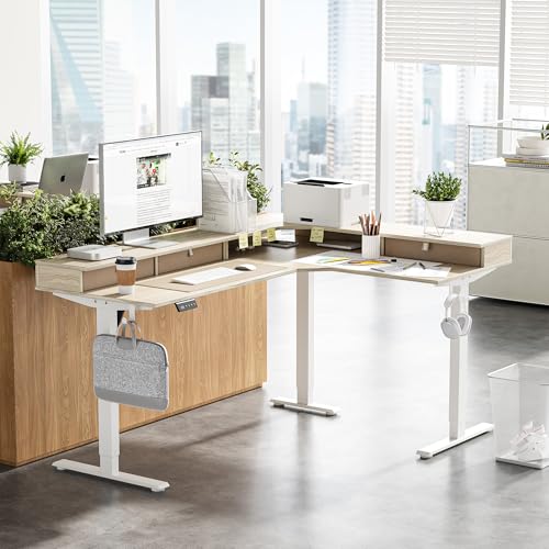 Image of FEZIBO L-Shaped Electric Standing Desk, 63 x 48 Inches Large Height Adjustable, Reversible Tabletop, Corner Desk with Drawers, Ergonomic Computer Table, Light Walnut Top