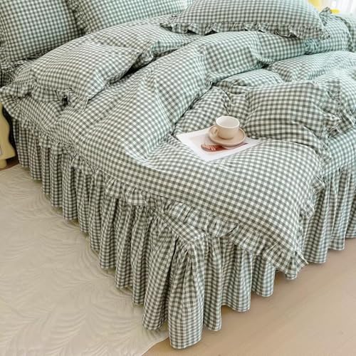 Image of LifeTB Queen Comforter Set Green Gingham Comforter Vintage Ruffle Checkered Pattern Comforter Set Chic Grid Plaid Bedding Comforter Lightweight Fluffy Soft Gingham Bedding Set Queen Breathable