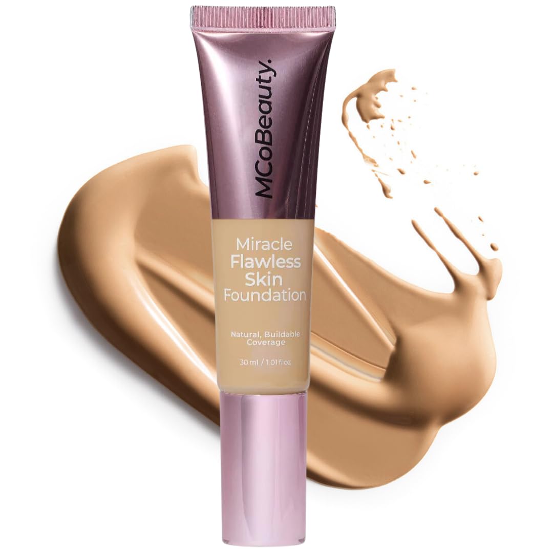MCoBeauty Miracle Flawless Skin Liquid Foundation Soft Honey - Buildable Medium Coverage Dewy Finish for All Skin Types - Hyaluronic Acid Coconut Water Rose Water Hydrating Face Makeup Vegan - 1 Fl Oz