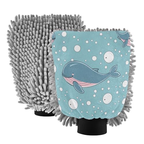 ALAZA Whale Bubble Car Wash Mitt Scratch Free, 2 Pack Absorbent Microfiber/Chenille Washing & Drying Mitts, L