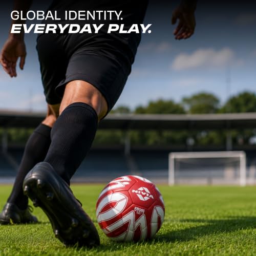 Image of Nivia Kross World Football (England) Training Ball, 32 Panels, Durable Rubber Hand-Stitched, Latex Bladder, As Per AIFF Standards, to Play On Both Natural and Artificial Grass (Size - 5, Red)