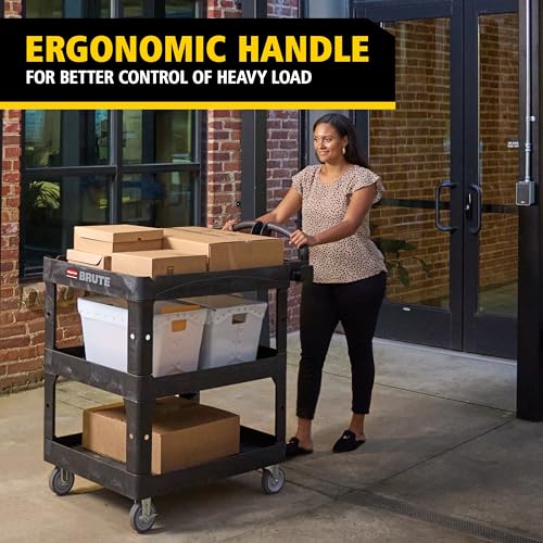 Image of Rubbermaid Commercial Brute 3-Shelf Heavy-Duty Utility /Service Cart, Medium, High Storage, Lipped Shelves, Ergonomic Handle, 600 lb. Capacity, Ideal for Warehouse /Garage /Cleaning /Maintenance /Office