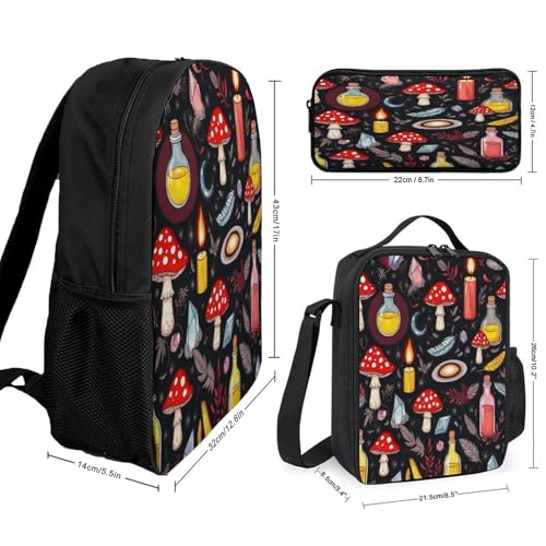 3 Pcs Set Waterproof Witch Witchy Goth Magic Mushrooms Backpack with Lunch Box Pencil Pouch Set, Backpacks for Travel Accessories2