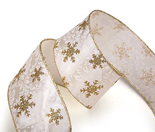 Ipegtop Wired Christmas Ribbon, Assorted Organza Swirl Sheer Glitter Crafts Gift Wrapping Ribbon Christmas Design Decorations, 36 Yards (6 Roll X 6 Yd) By 2.5 Inch, White/Gold #TOP4