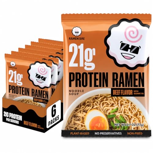 Ramen Bae High Protein Ramen Noodles - Beef Flavor 21g Protein Soup - Air Dried Not Fried, Plant Based, Vegan Ramen Protein Noodles - Low Carb, Sodium & Fat - Savory Roasted Beef Broth (Pack of 6)