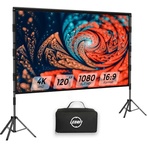 Écran de Projection Portable 120 Pouces avec Trépied - LEORFI Toile de Projection HD 4K 16:9 pour...