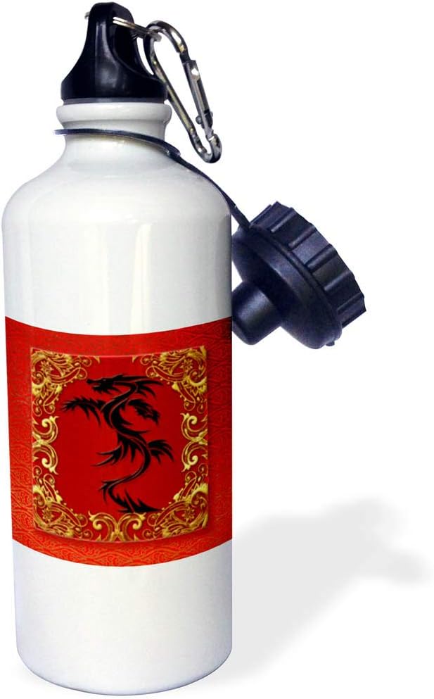 3dRose "Chinese Zodiac Year of the Dragon Chinese New Year Red, Gold and Black" Sports Water Bottle, 21 oz, White