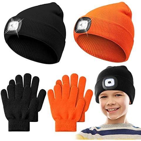 LED Hat 2 Pcs LED Beanie Rechargeable Headlamps Hat Unisex Lighted Beanie Cap 2 Sets Boy Knit Gloves Warm Mitten for Kids (Black, Orange) Cover