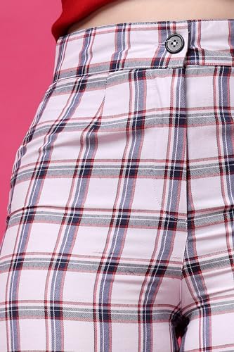 Image of POPWINGS Casual Check Print Button and Zip Closure Trouser for Women | Western Wide-Leg Trouser for Women | Summer Trousers for Women | Comfortable Semi-Formal Work Trouser for Women