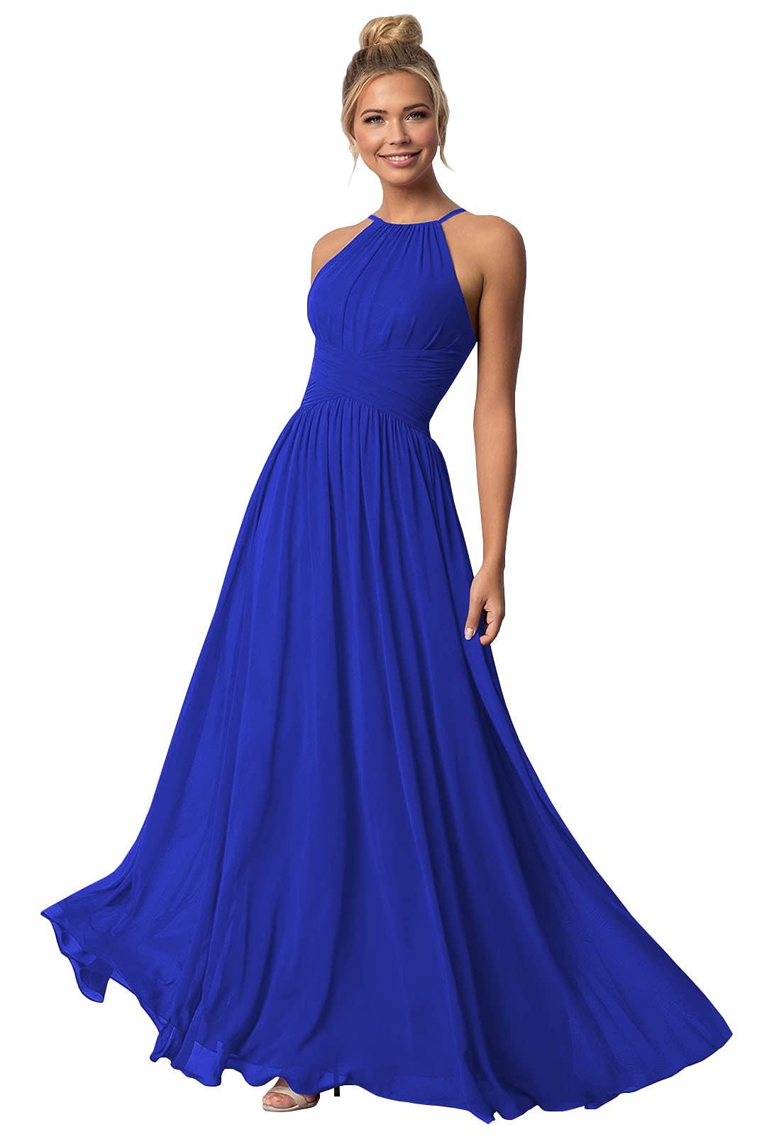 GOEBAODEEN Long Bridesmaid Dresses for Women Royal Blue Chiffon A-line Halter Floor Length Formal Prom Gown Size 12