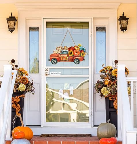 Image of ANGEL INFINITE Hello Fall Wooden Wall Hanging Decor | Premium Harvest Truck Decorative Sign with Pumpkins & Sunflowers | Rustic Autumn Door Hanging for Living Room & Entrance (34x18 cm)