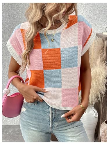 SHENHE Women's Cap Sleeve Knit Tops Summer Crewneck Short Sleeve Pullover Sweater Vest Color Block Crop T Shirts2