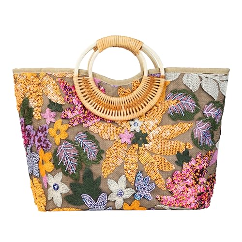 Image of Rattan Wood Handle Sequin Embroidered Floral Beach Bag Tote for Vacation and Wedding Party