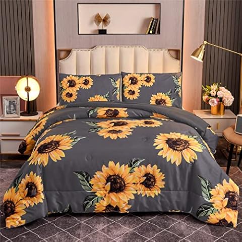 NTBED Sunflowers Comforter Set Queen Yellow Floral Botanical 3-Pieces Microfiber Bedding Quilt for Boys Girls Teens (Grey, Queen) Cover