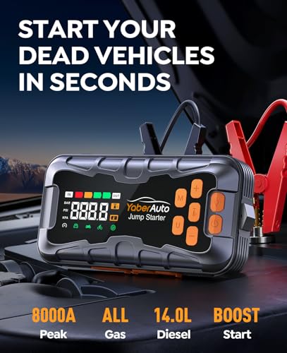 Image of YaberAuto 16-in-1 Jump Starter with Air Compressor 8000A 160PSI Car Battery Jump Starter (All Gas /14L Diesel) 12V Jump Box Car Battery Jumper Starter Portable Jumper Cables, Emergency Tool Kit, Gloves