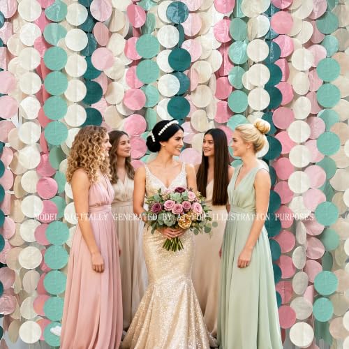 Image of 205 Ft Sage Green Dusty Rose Pink Khaki Beige Circle Dot Backdrop Garland Tissue Paper Polka Dots Hanging Streamer for Girl Wild Jungle Safari Woodland Birthday Party Decorations Supplies