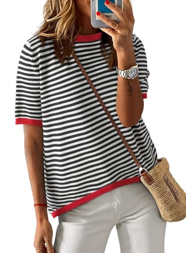 Image of Womens Short Sleeve Striped Color Block Crew Neck Sweater Shirt Lightweight Cotton Casual Summer Pullover Tops