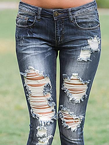 Flamingals Jeans For Women Ripped Low Rise Skinny Jeans 2023 Trendy Dark Blue #TOP3