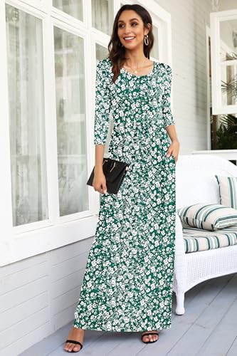 Image of WNEEDU Women's 3 /4 Sleeve Casual Loose Long Maxi Dresses with Pocket | Empire Elastic Waist, Crewneck, Floor Length, Soft Stretchy Flowy, Formal Dress, Wedding Wear, Solid Color and Prints
