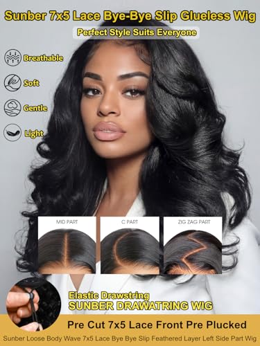 Image of Sunber Loose Body Wave 7x5 Lace Bye-Bye Slip Glueless Wig Feathered Layer Left Side Part 200% Density Wig with Secure Silicone Strips and Drawstring Pre Cut Lace Pre Bleached Invisible Knots 22Inch