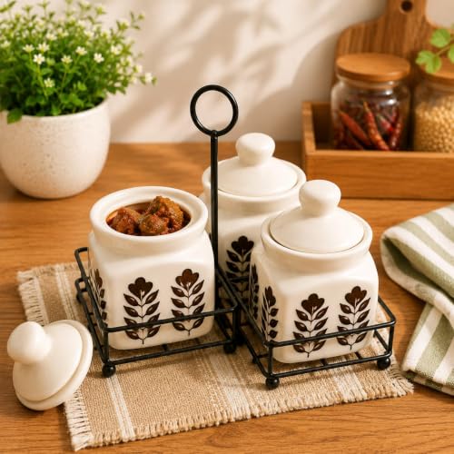 Image of Niyara Multipurpose Storage Ceramic Pickle set Jars with Lid & tray (Set of 4, 300 ml) (DARK FLOWER PRINT SET 3)
