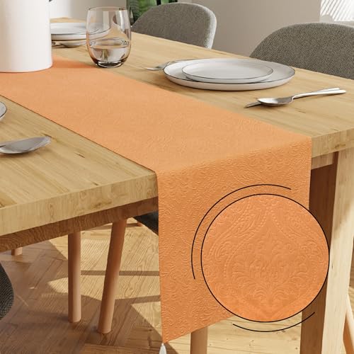 Image of Encasa XO 4 Seater Dining Embossed Velvet Table Runner | Size 32x150 cm | Peach Color with Premium Polyester - Machine Washable