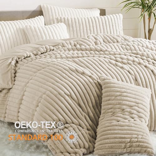 Winter Plüsch Bettwäsche 200x200 Beige Warme Flauschig Flanell Kunstfell – Ansicht 3