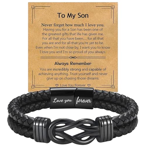 Floruvia Bracciale in Pelle Nera per Uomo, Bracciale Nodo Infinito per Figlio Nipote Fratello Padre Marito, Regalo Gioiello per Natale Compleanno Diploma