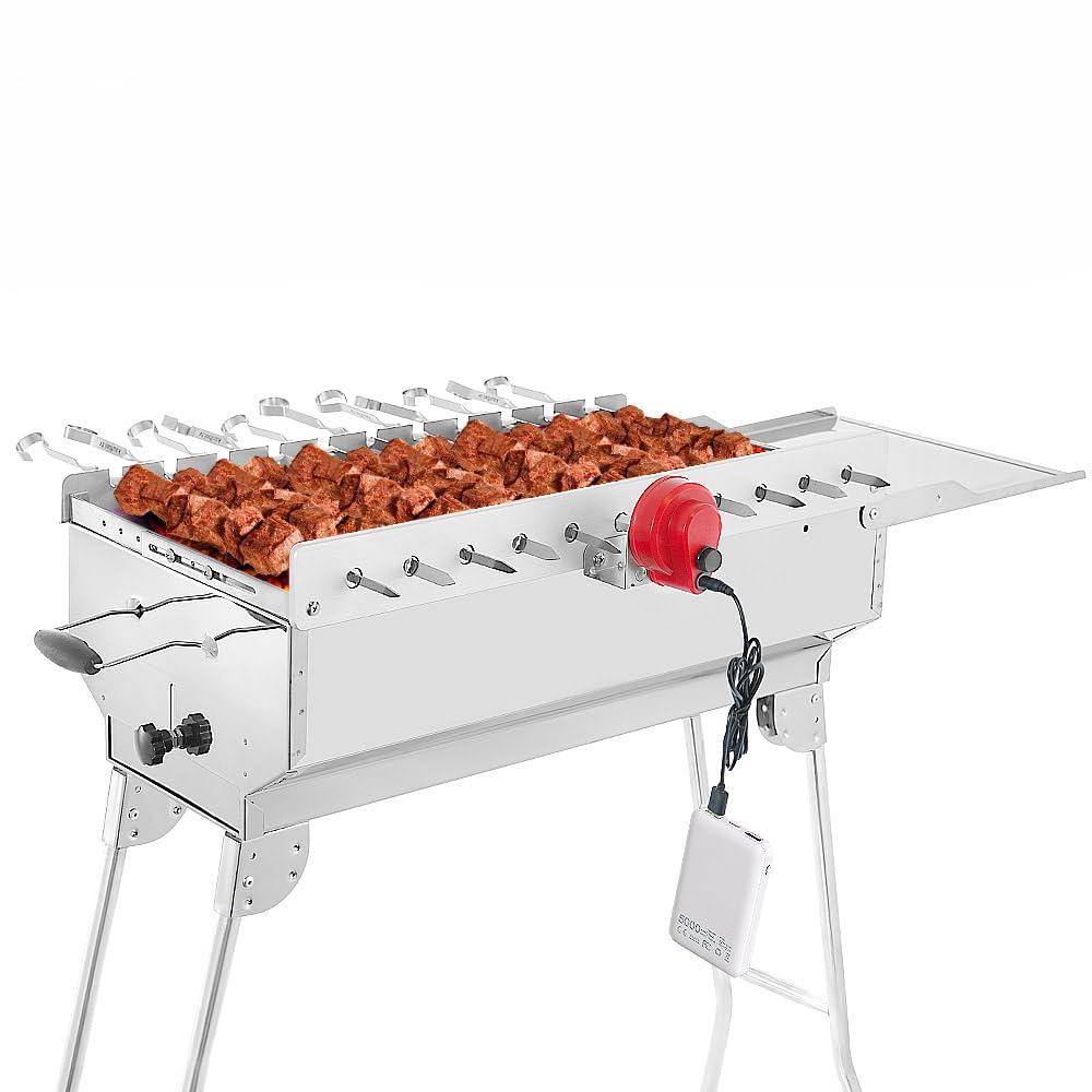 BEM Rambo Mangal Schaschlikgrill, Grillset mit Zubehör inkl. Powerbank | + Motor, Elektrisch, Edelstahl, Klappbar, Holzkohlegrill mit Spießen