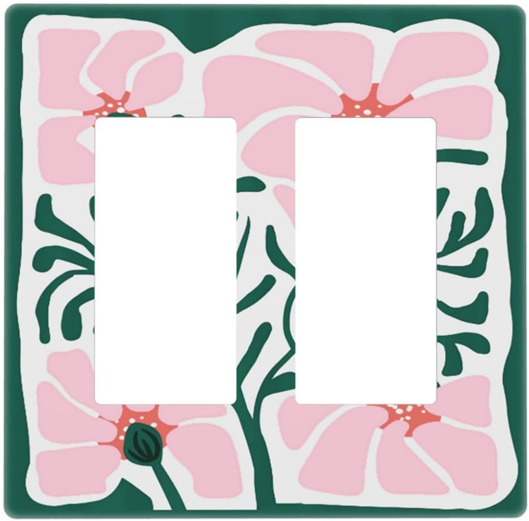 Retro Geometric Matisse Flower Boho Cute Pink 2 Gang Double Rocker/GFCI Light Switch Cover Decorative Outlet Wall Plate Electrical Faceplate Home Bedroom Art Panel Decor Screwless