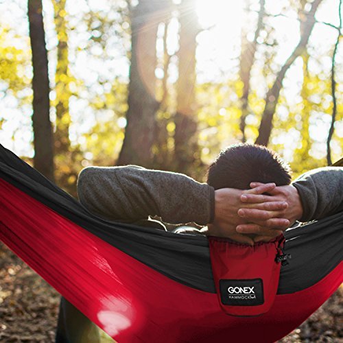Gonex Portable Camping Hammock, Nylon Parachute Single Hammock for Travel Camp with Hammock Straps, Ultralight (Red+Deep Gray) Gonex Portable Camping Hammock, Nylon Parachute Single Hammock for Travel Camp with Hammock Straps, Ultralight (Red+Deep Gray)