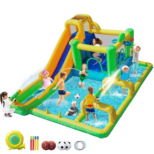Castillo Hinchable Grande con Ventilador para niños Grandes 500 x 400 x 210 cm tobogán seco y de Agua,con Pistola de Agua, Salto, Escalada en la Pared, Gorra de Baloncesto para Interior o Exterior