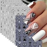 Geometric Nail Art Stickers Decals 12 Sheets Black White 3D Self-Adhesive Nail Decals Totems Line Flower Lace Leaf Stickers for Nails Art Designs Shiny Manicure Decoration for Women
