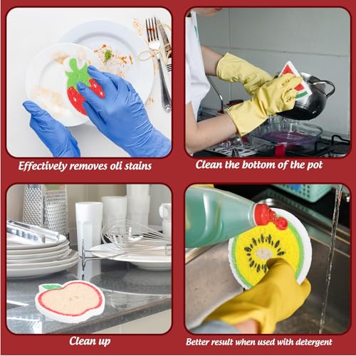 Image of JarThenaAMCS 12Pcs Fruit Shaped Kitchen Sponges 6 Design Cute Apples Orange Watermelon Strawberry Water Absorbing Dish Washing Sponges Non Scratch Household Cleaning Scrub Tools for Washing Dishes